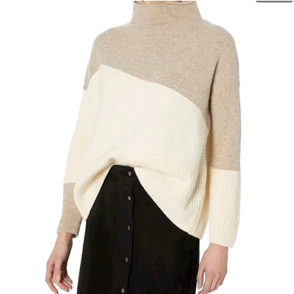 French Connection Wool Sweater Color Block Cream Small Mock Neck Fall Oversized